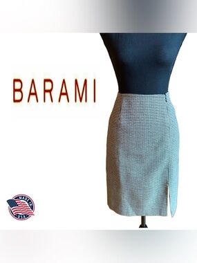 BARAMI Wool Black White Checkered Pencil Skirt Front Offset Vent (4)